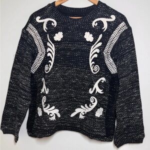 Lucky Brand Embroidered Twill Pullover Womens Sweater Black/White Size Sm Petite